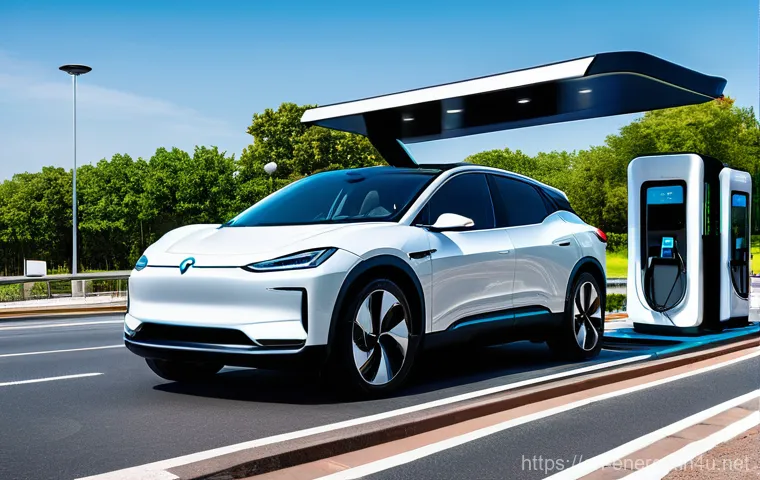 전기차 충전 인프라 - **Prompt:** A vibrant, ultra-fast electric vehicle (EV) charging hub on a major highway. Several div...