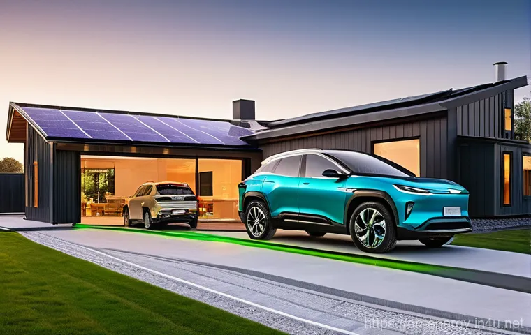 전기차 충전 인프라 - **Prompt:** A serene, upscale home garage featuring a modern electric vehicle (e.g., a luxury sedan ...