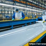 Home 13 풍력 터빈 블레이드 설계 - **Fiberglass Blade Manufacturing in a Factory Setting:**
"A bustling, brightly lit factory inter...