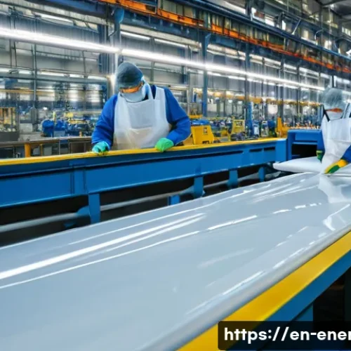 Home 8 풍력 터빈 블레이드 설계 - **Fiberglass Blade Manufacturing in a Factory Setting:**
"A bustling, brightly lit factory inter...