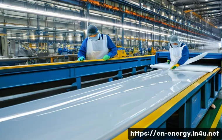 풍력 터빈 블레이드 설계 - **Fiberglass Blade Manufacturing in a Factory Setting:**
"A bustling, brightly lit factory inter...