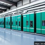 Home 17 수전해 기술 발전 - A high-tech industrial electrolyzer facility featuring modular, compact electrolyzer units arranged ...