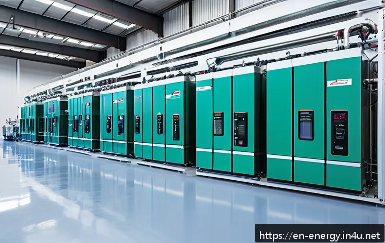 수전해 기술 발전 - A high-tech industrial electrolyzer facility featuring modular, compact electrolyzer units arranged ...